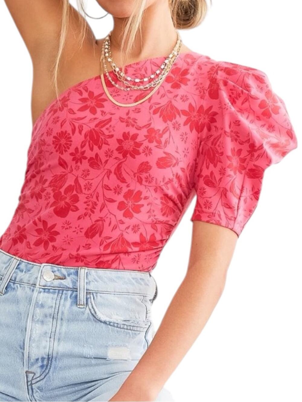Free People Something About You Bodysuit S Hot Pink Floral One Shoulder NWT
